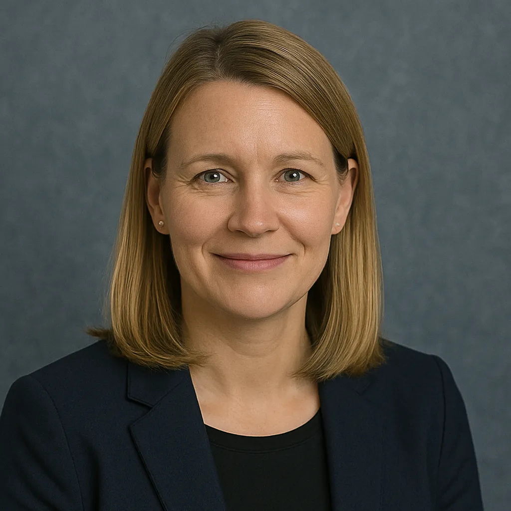 Anika Schwarz ist eine Frau mit blondem Haar und dunkelblauem Blazer