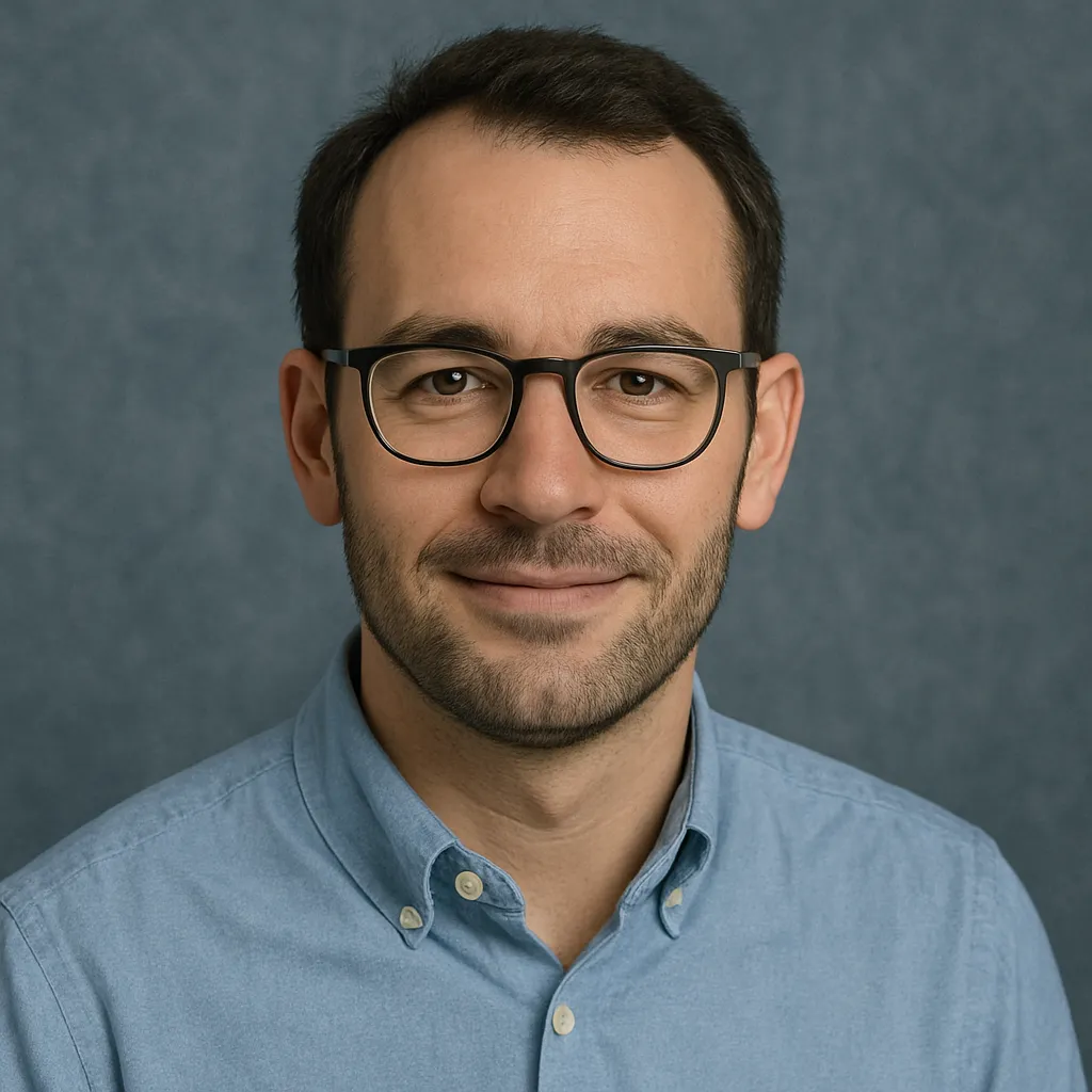 Benedikt von Linden Portr&auml;t eines l&auml;chelnden Mannes vor blau-grauem Hintergrund